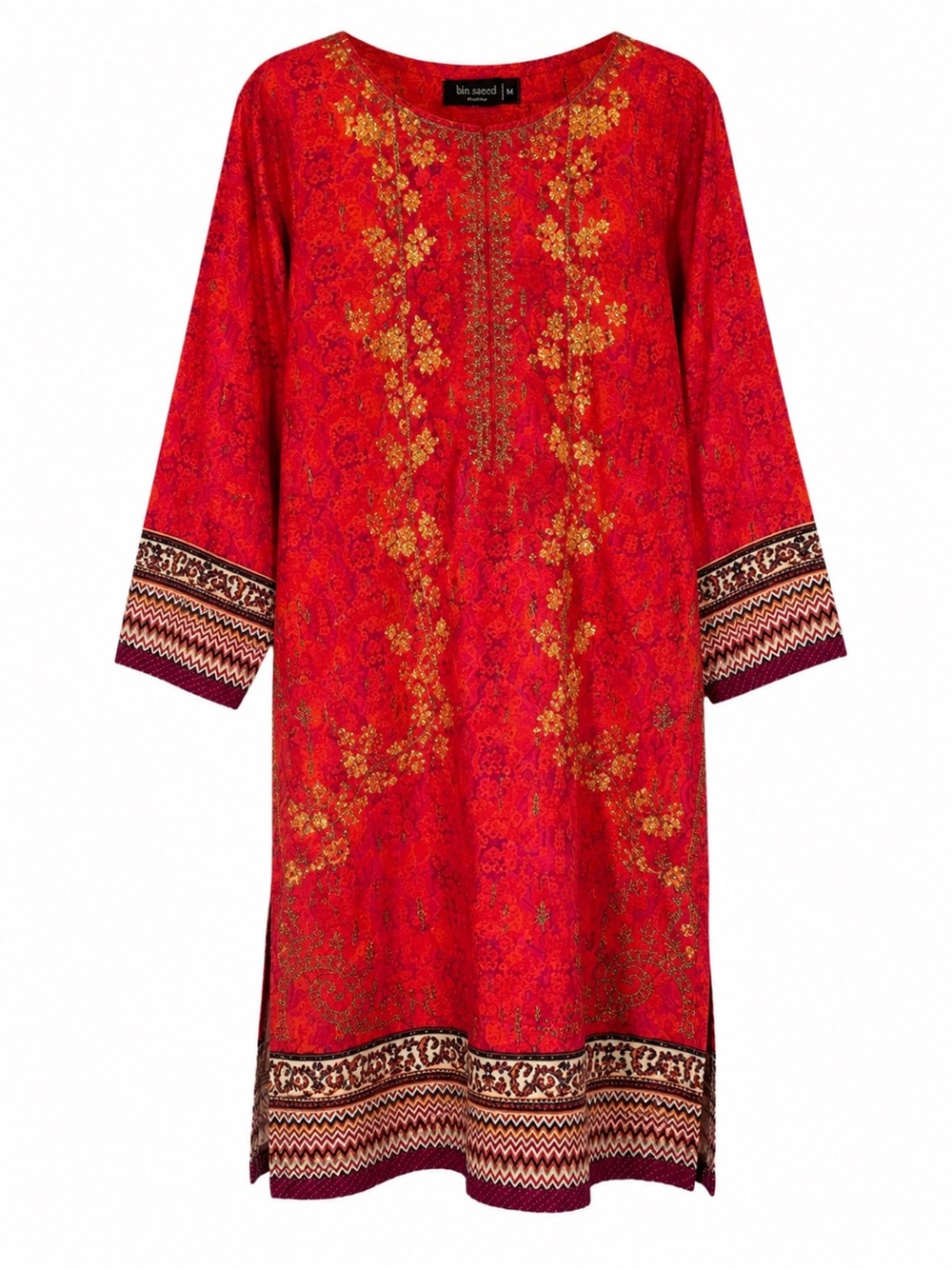 Bin Saeed Khaddar Embroidered Cotton Tunic Dress Red Gold Medium